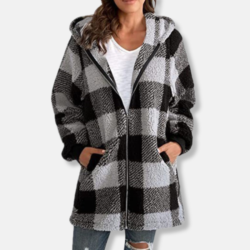 Women's Hoodie – Oversized Fit – Checkered Pattern – Soft Knit – Full Zipper