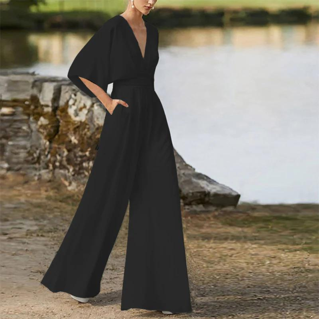 Women's Jumpsuit – Relaxed Fit – Deep V-neck – Wide Legs – Breathable Blend