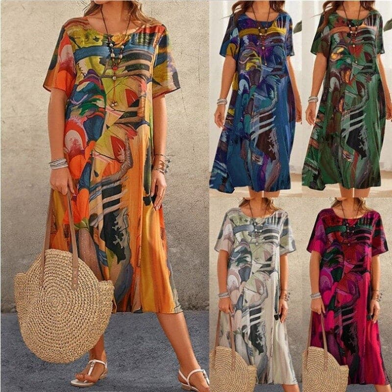 Women's Maxi Dress – Loose Fit – Round Neck – Short Sleeves – Abstract Pattern