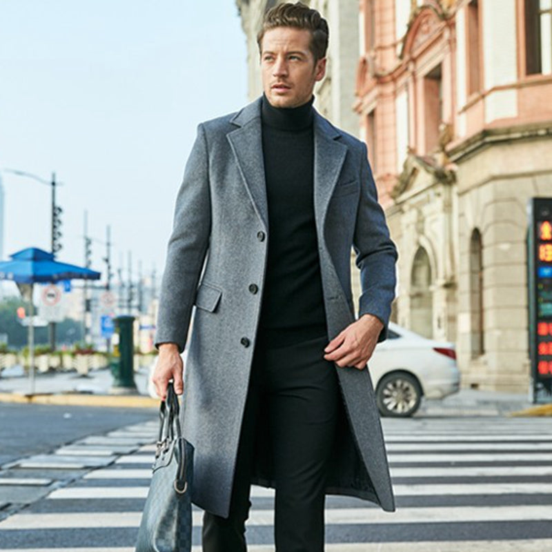 Men's Coat – Tailored Fit – Knee Length – Wool Texture – Classic Cut