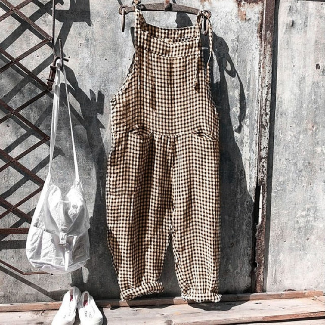 Women's Jumpsuit – Relaxed Fit – Wide Legs – Sleeveless – Natural Fibers – Adjustable Straps – Checkered Pattern