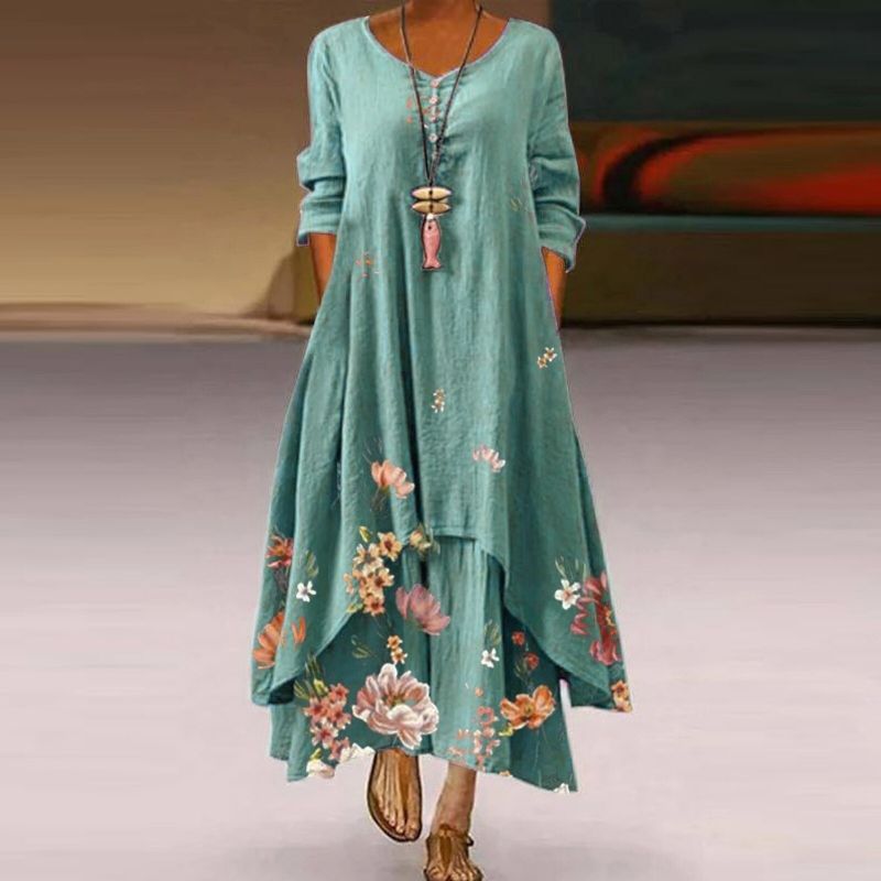Women's Maxi Dress – Loose Fit – Long Sleeves – Floral Print – Round Neck