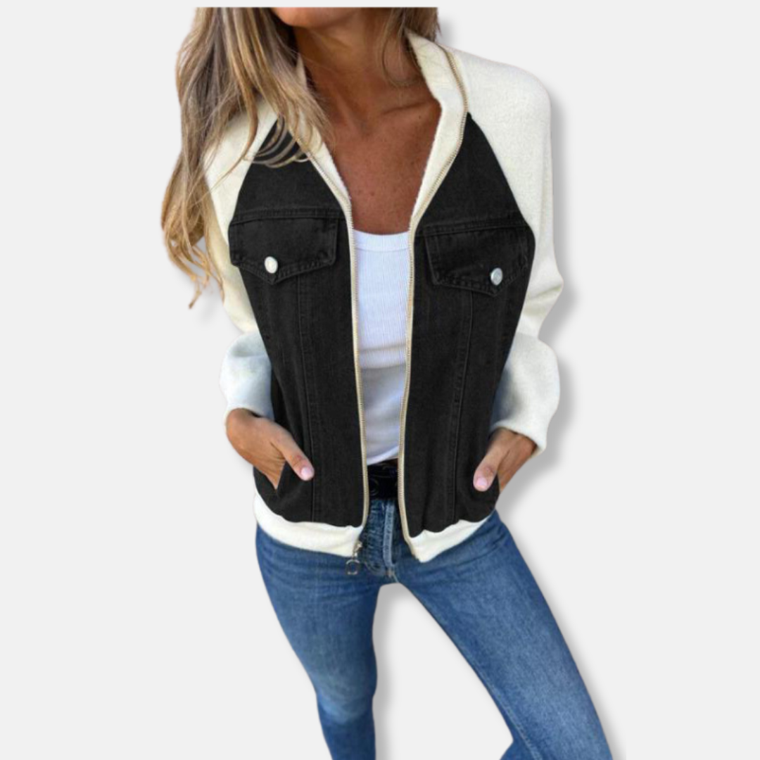 Women's Bomber Jacket – Wool Blend – Denim Details – Zipper – Regular Fit