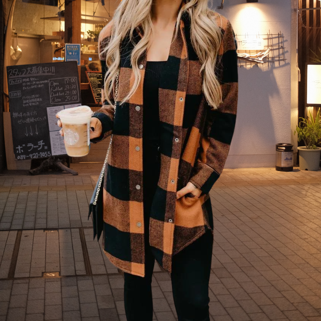 Dame Skjortejakke - Rutete Flanell - Oversized Passform - Lange Ermer - Knappelukking