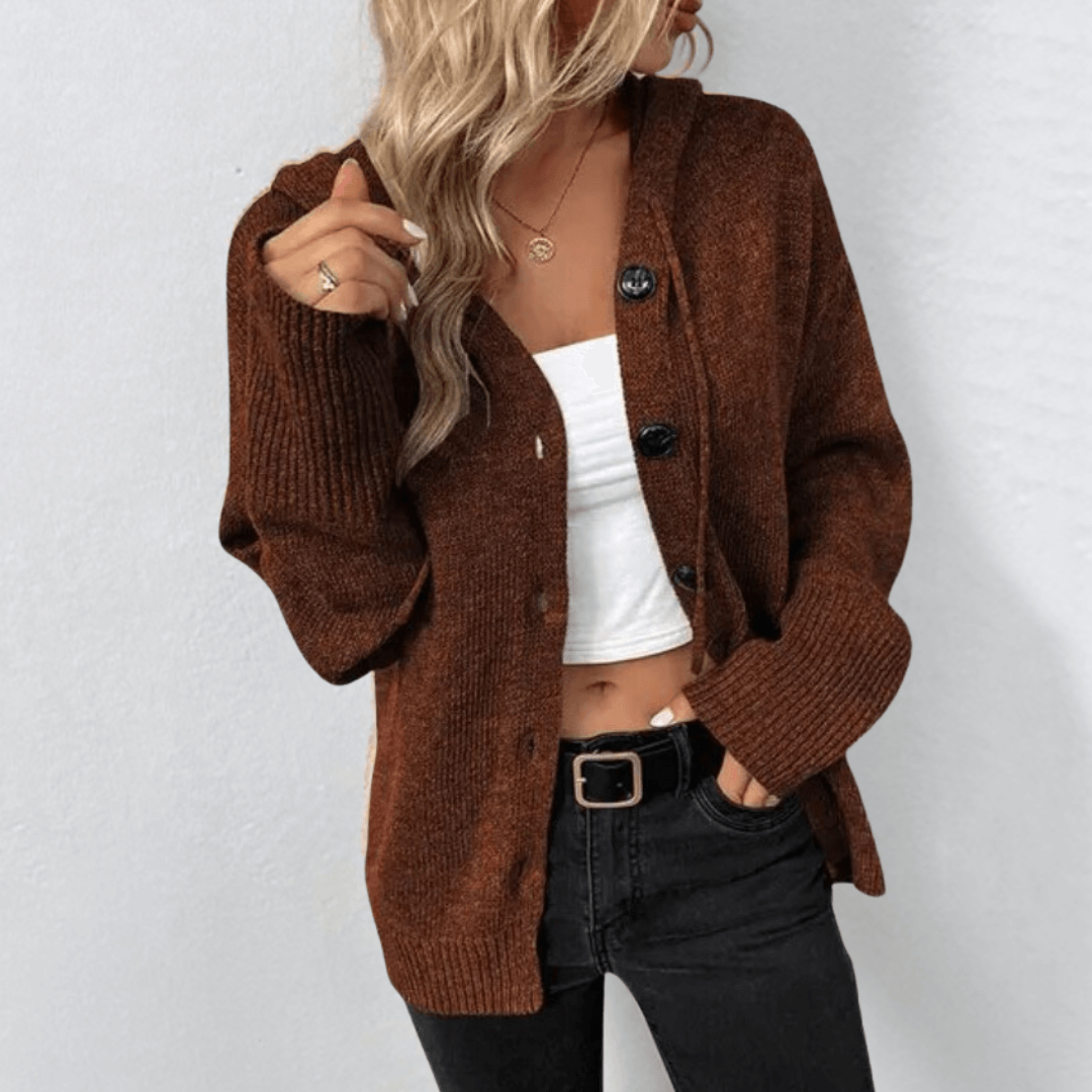 Women's Cardigan – Soft Knit – Oversized Fit – Button Closure – Hood – Ribbed Edges