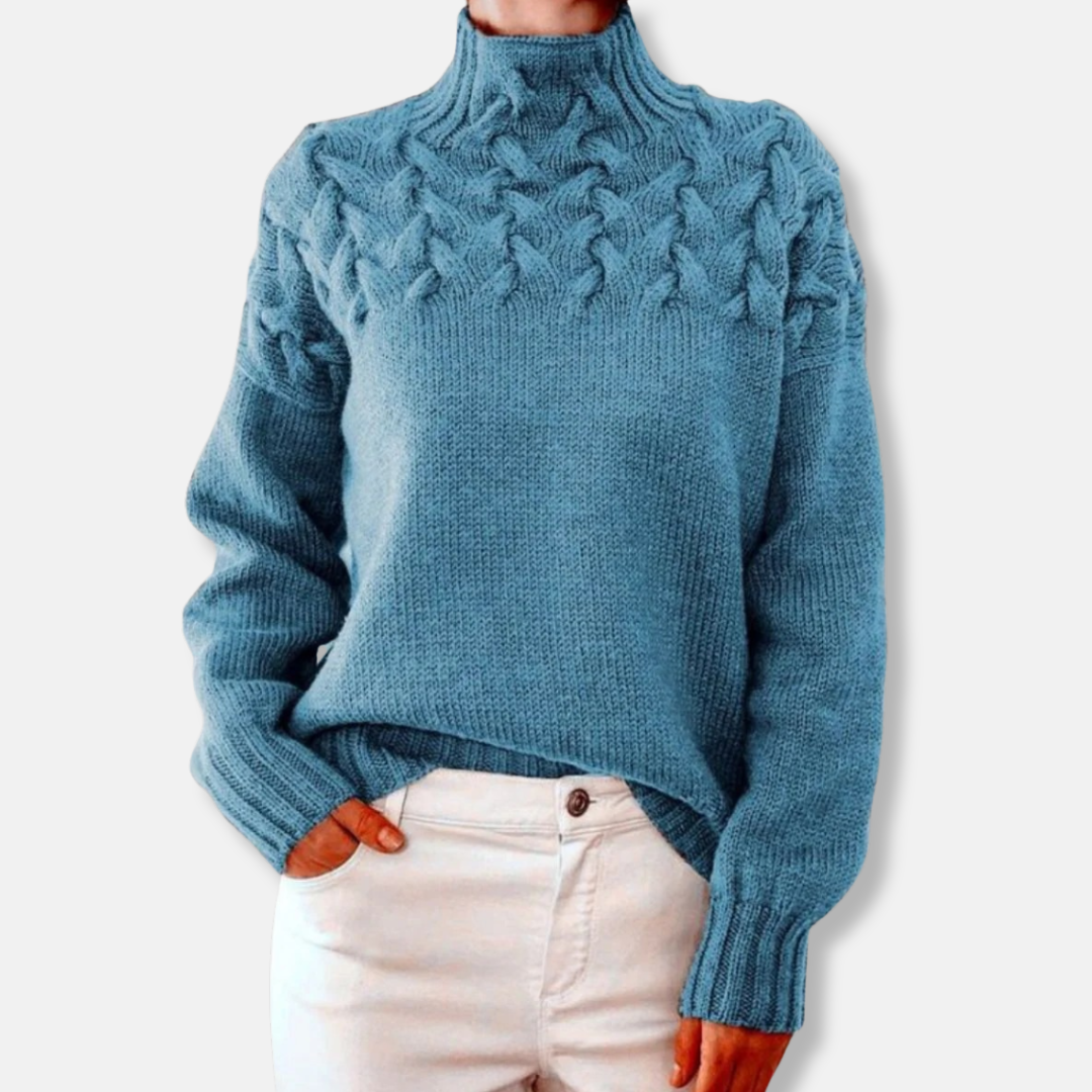 Rose Wool High Neck Sweater | Cable Knit Relaxed Fit Sweater