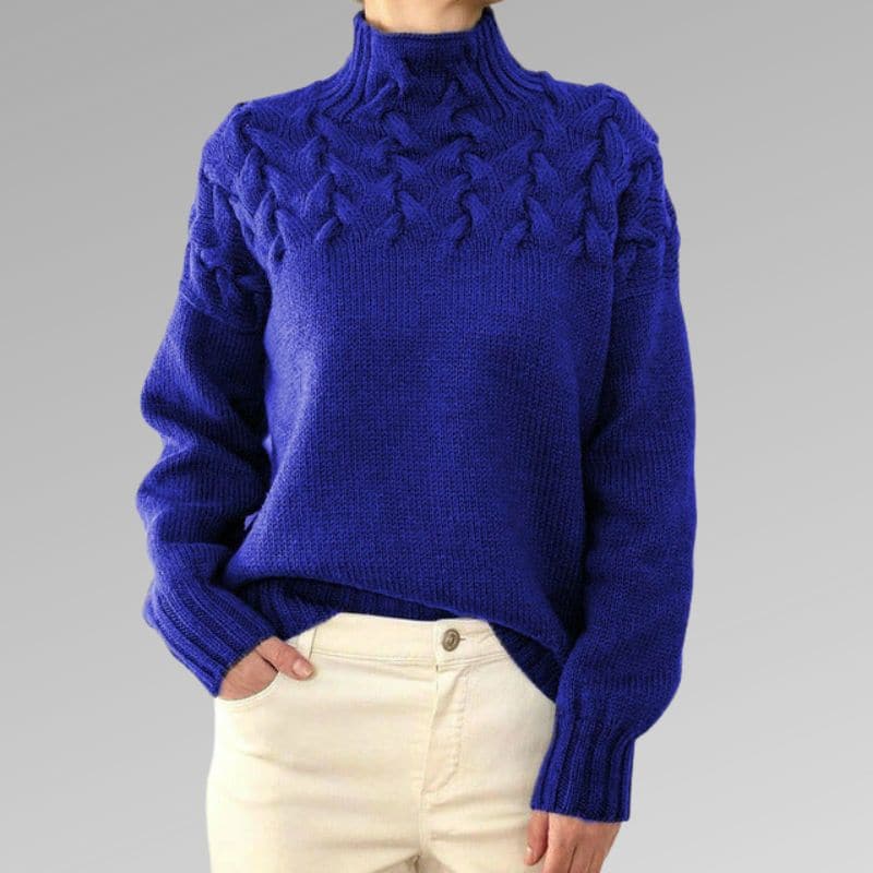 Women's Knitted Sweater - High Neck - Cable Knit Pattern - Ribbed Cuffs