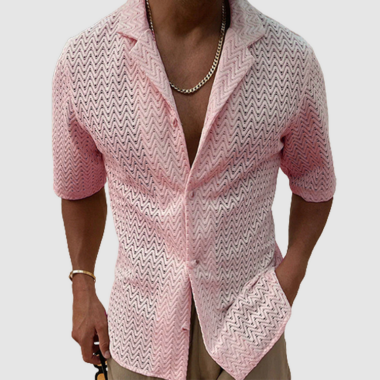 Men's Shirt - Short-Sleeved Knitted - Relaxed Fit - Textured Pattern