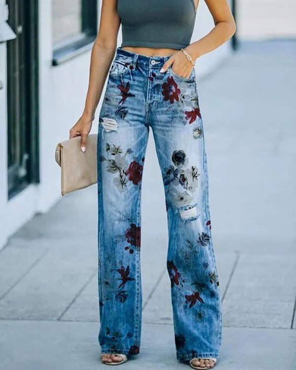 Women's Jeans – High Waist – Straight Leg – Regular Fit – Distressed with 3D Floral Print