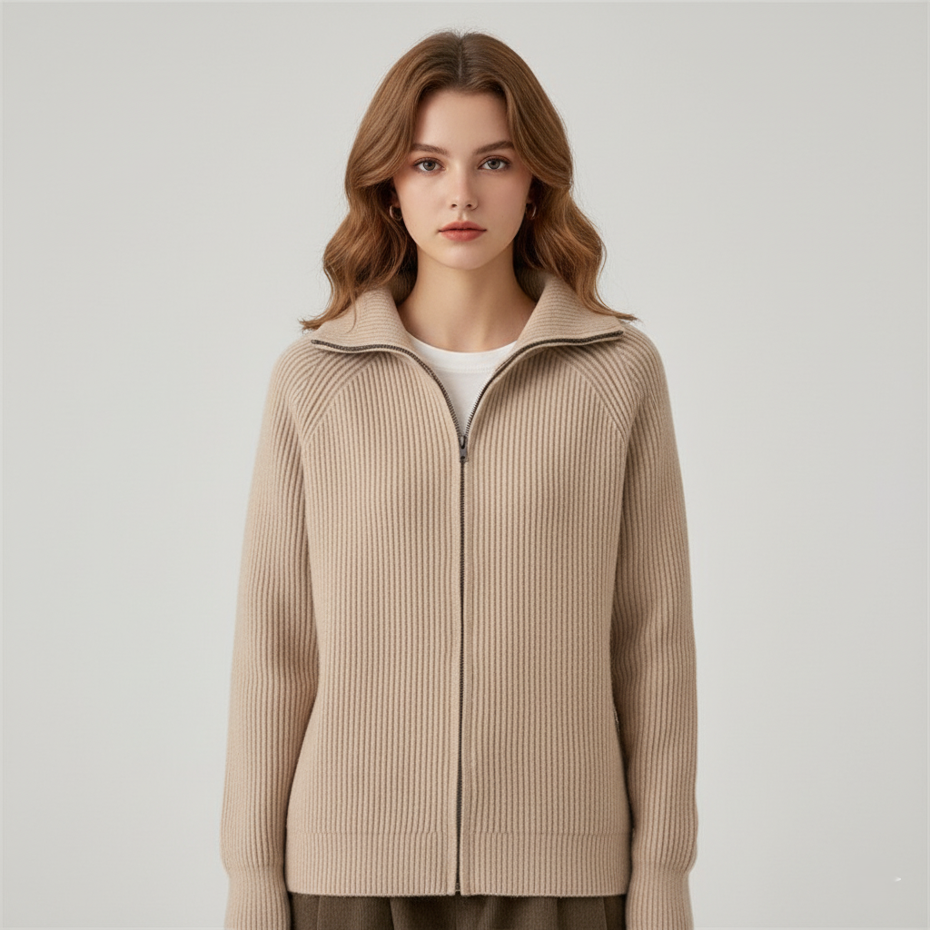 Women's Cardigan – Fitted Fit – Ribbed Knit Wool – High Collar – Zipper Closure