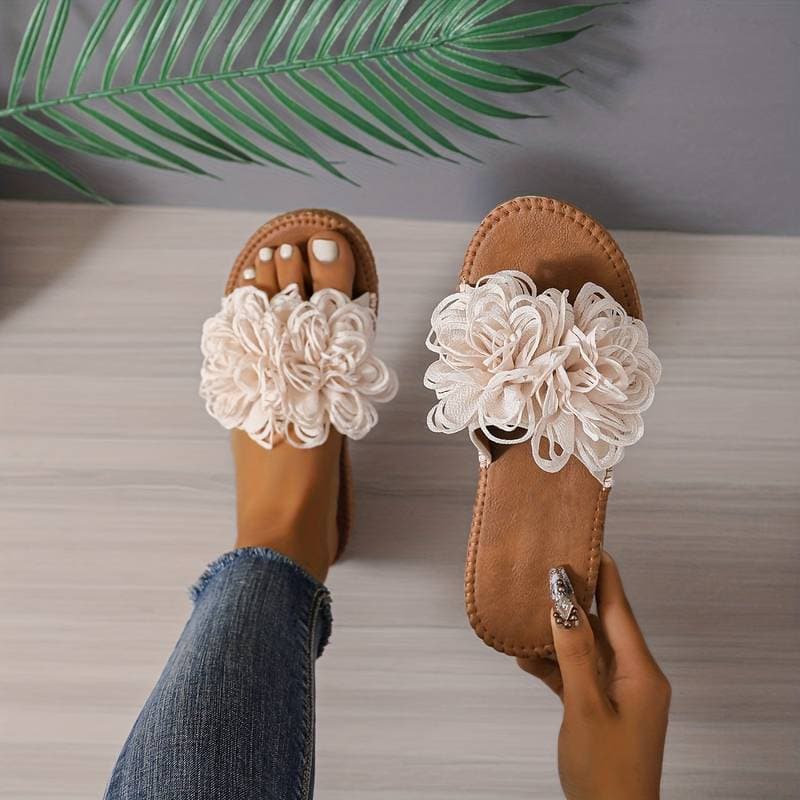 Women's Sandals - Comfortable Flat Sole - Floral Decoration - Casual and Stylish Design