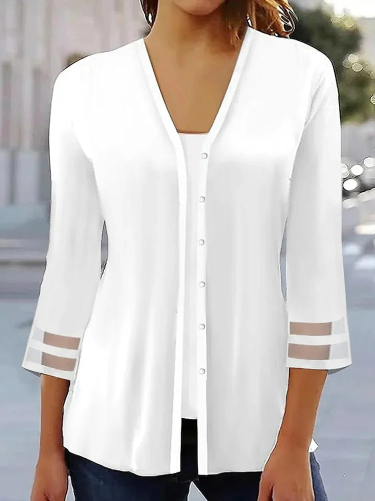Women's Shirt – Loose Fit – V-neck – Buttons – Transparent Sleeves