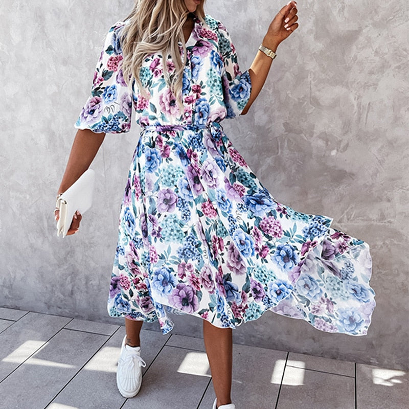 Women's Midi Dress – A-line Fit – V-neck – Short Sleeves – Floral Pattern