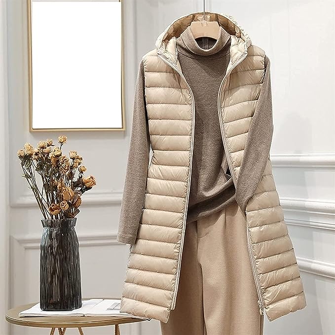 Dame Lang Puffer Vest - Vattert og Hette - Glidelåslukking - Komfortabel og Varm