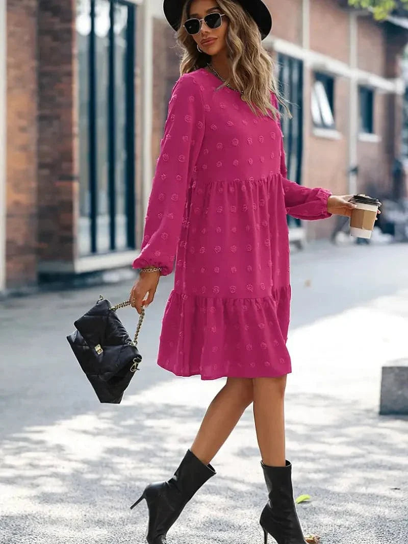 Women's Dress - Layered Design - Long Sleeves - Embroidered Texture - Comfortable Fit