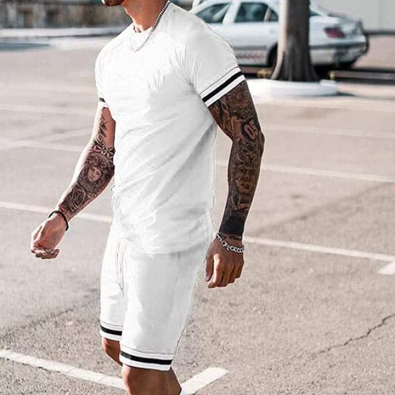 Men's Two-Piece Set - Short-Sleeved Round Neck T-Shirt - Elastic Drawstring Shorts