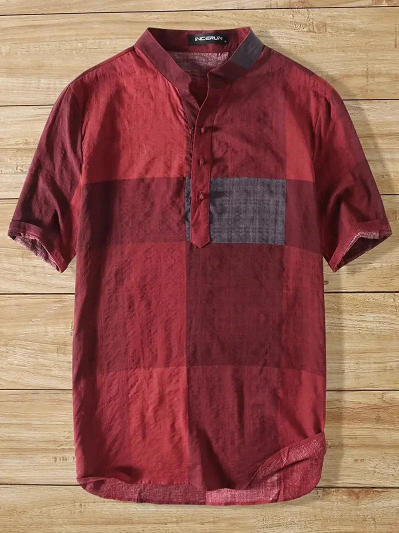 Men's Shirt - Short Sleeve with Mandarin Collar - Checkered Design - Relaxed Fit