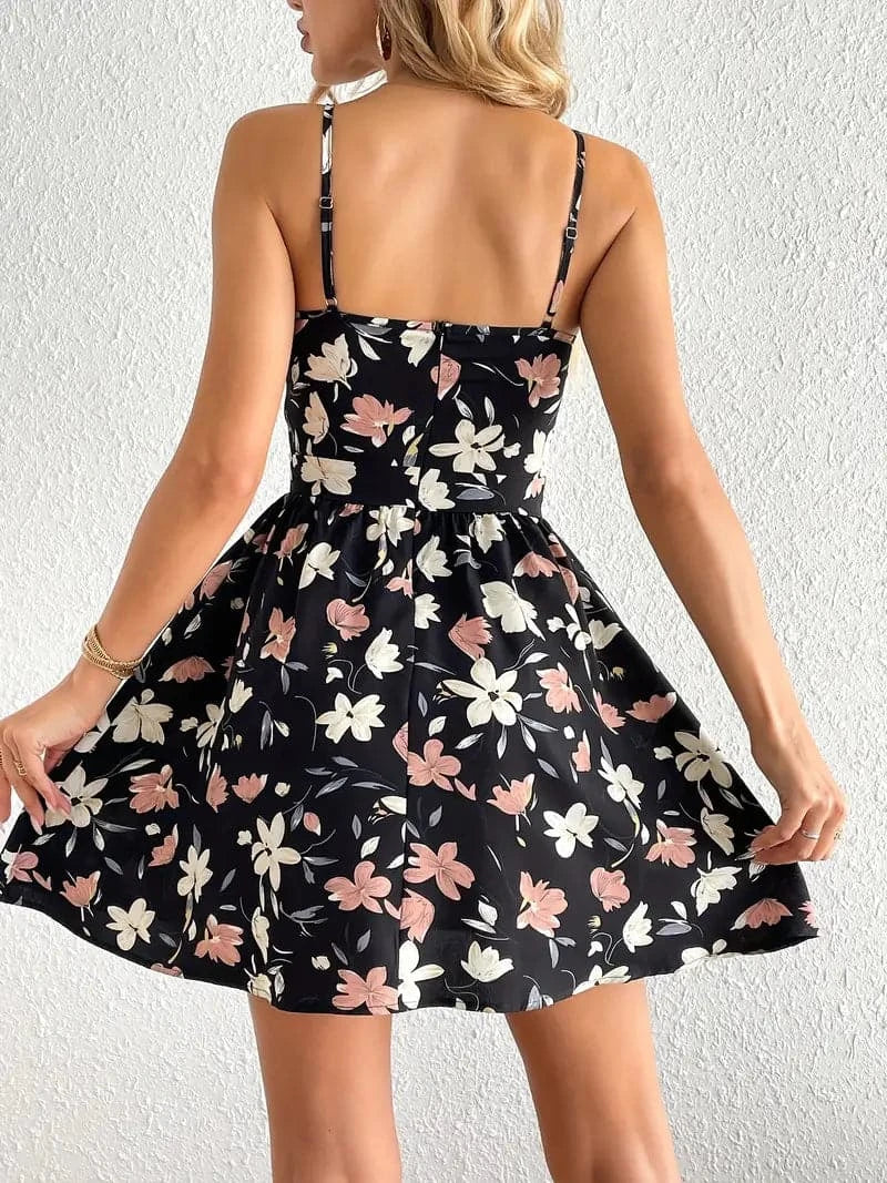 Women's Dress - V-neck Wrap Design - Adjustable Straps - A-line Short Length - Floral Pattern