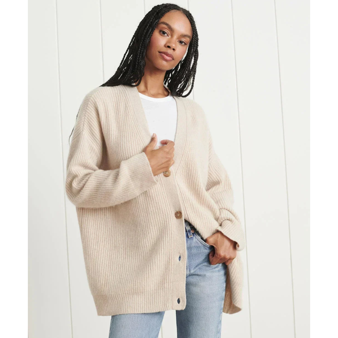 Women's Long Knitted Cardigan – Relaxed Fit – Wool Blend – V-Neck – Buttons