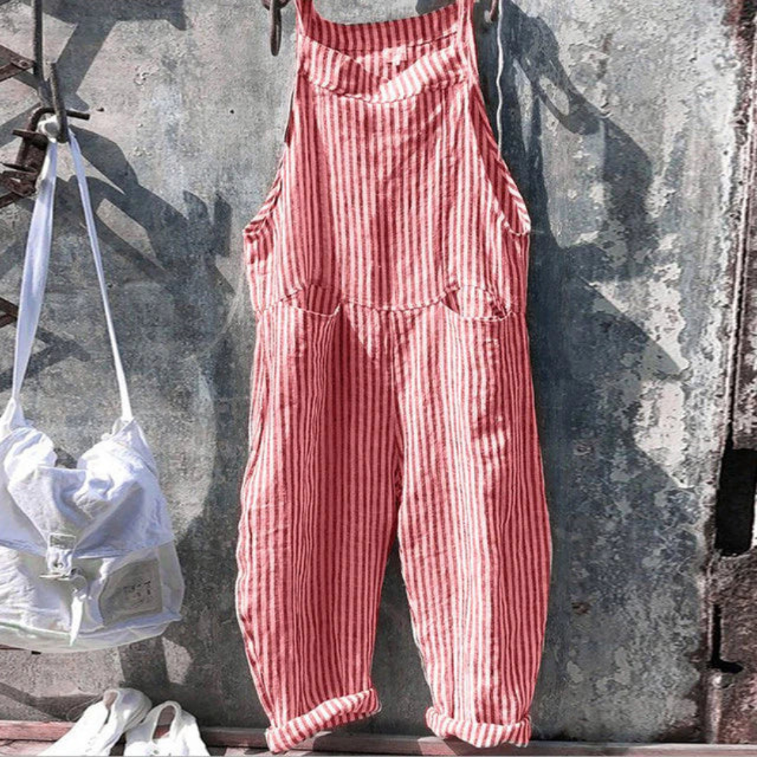 Women's Jumpsuit – Relaxed Fit – Wide Legs – Sleeveless – Natural Fibers – Adjustable Straps – Checkered Pattern