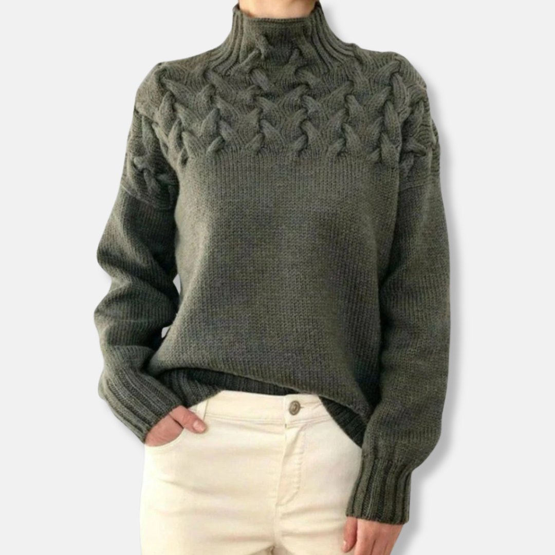 Rose Wool High Neck Sweater | Cable Knit Relaxed Fit Sweater
