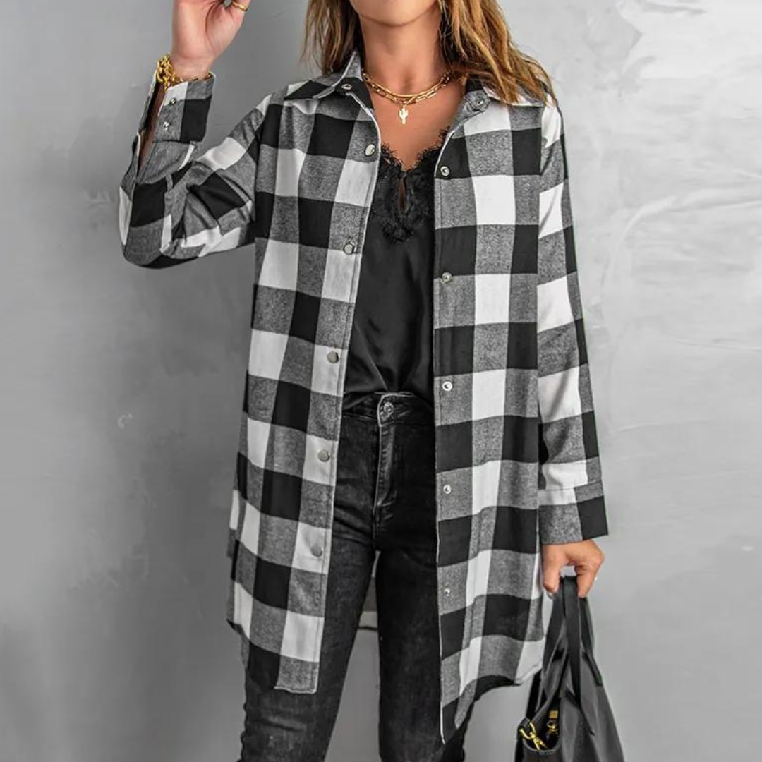 Dame Skjortejakke - Rutete Flanell - Oversized Passform - Lange Ermer - Knappelukking