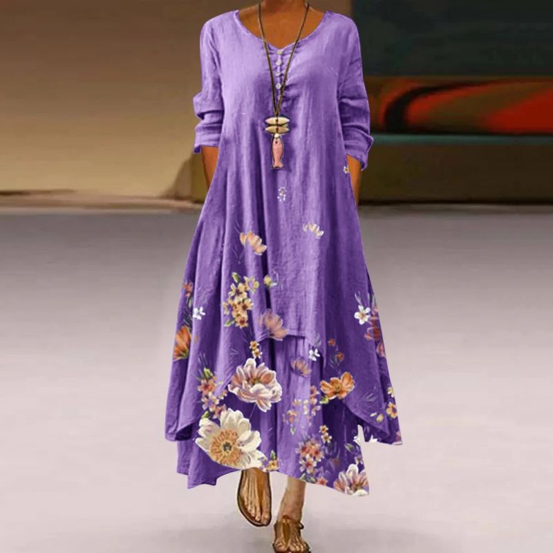 Women's Maxi Dress – Loose Fit – Long Sleeves – Floral Print – Round Neck