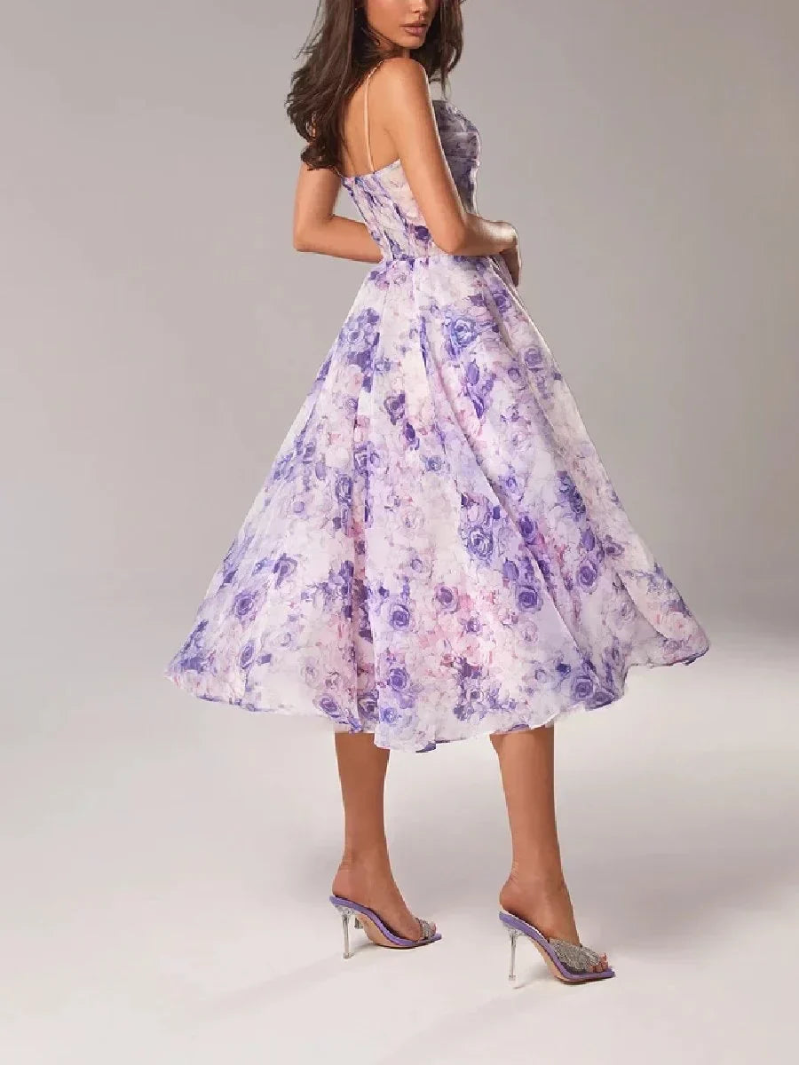 Kjole for dame – Midi lengde – Chiffon – A-linje passform – Spagettistropper – Blomsterprint