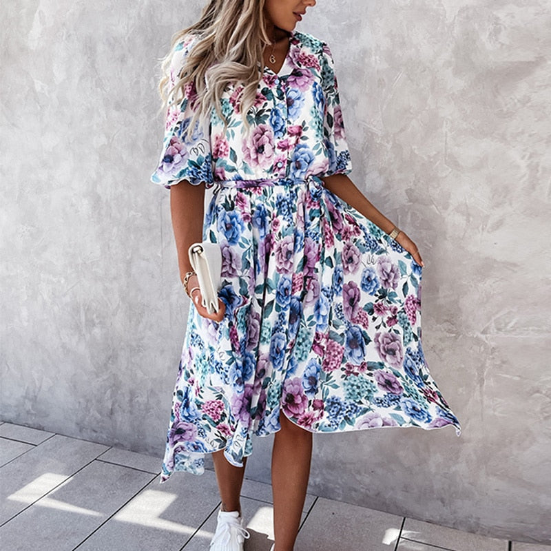 Women's Midi Dress – A-line Fit – V-neck – Short Sleeves – Floral Pattern