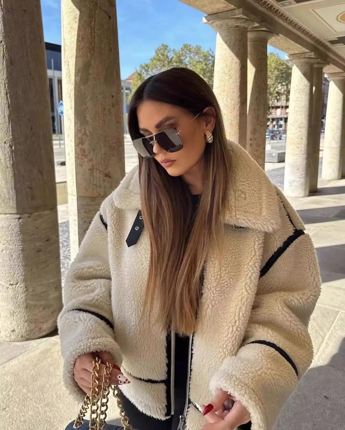 Charlotte Oversized Teddy Jacket | Contrast Trim High Neck Jacket