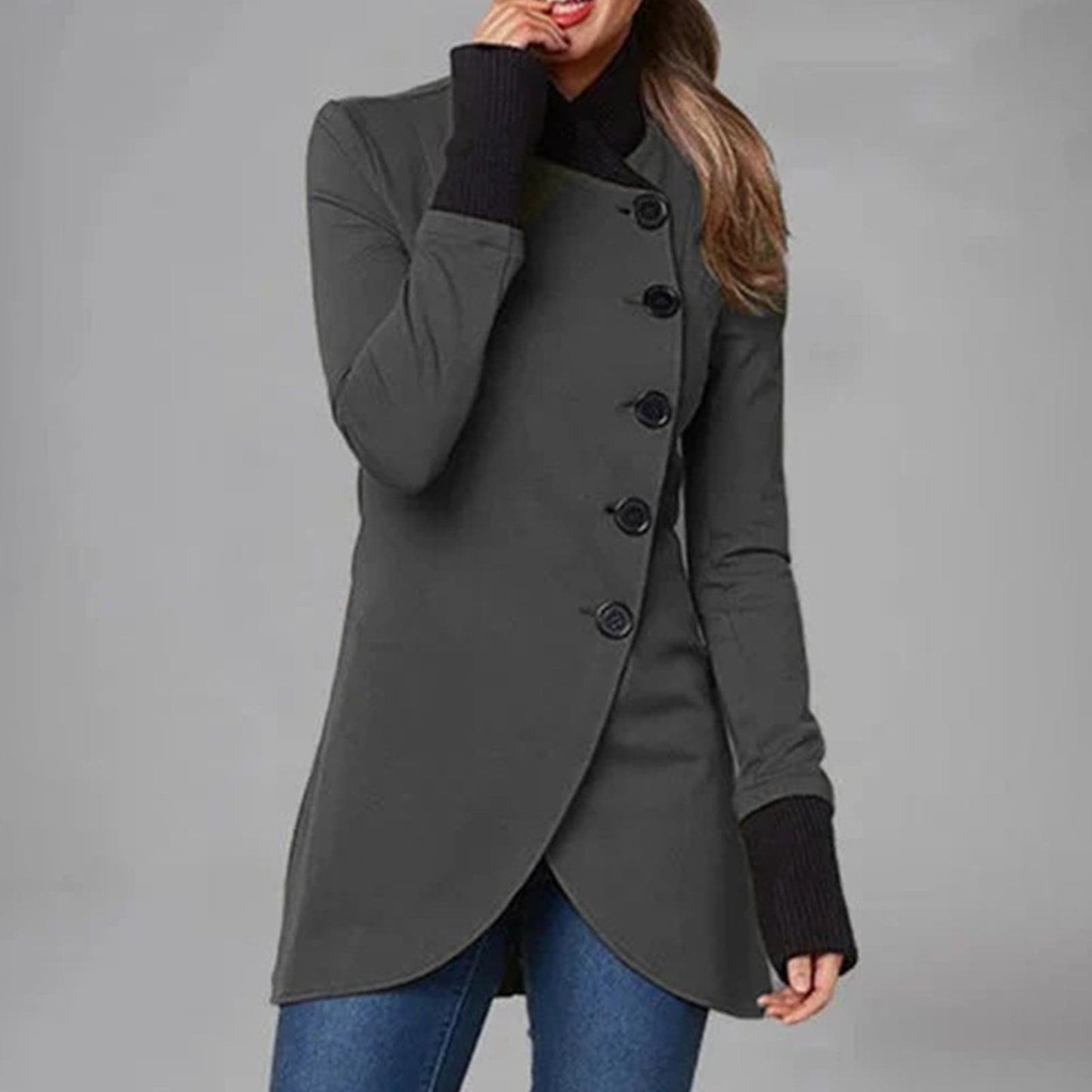 Women's Coat - Asymmetric Design - Tailored Fit - Diagonal Button Closure - Long Sleeves