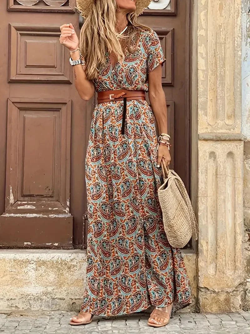 Women's Maxi Dress - Floral Pattern - V-Neck - Short-Sleeved - Belt at Waist
