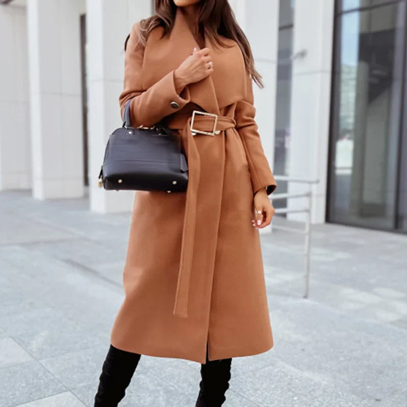 Women's Long Coat - Wool Blend - Classic Tailored Fit - Belt and Wide Lapels