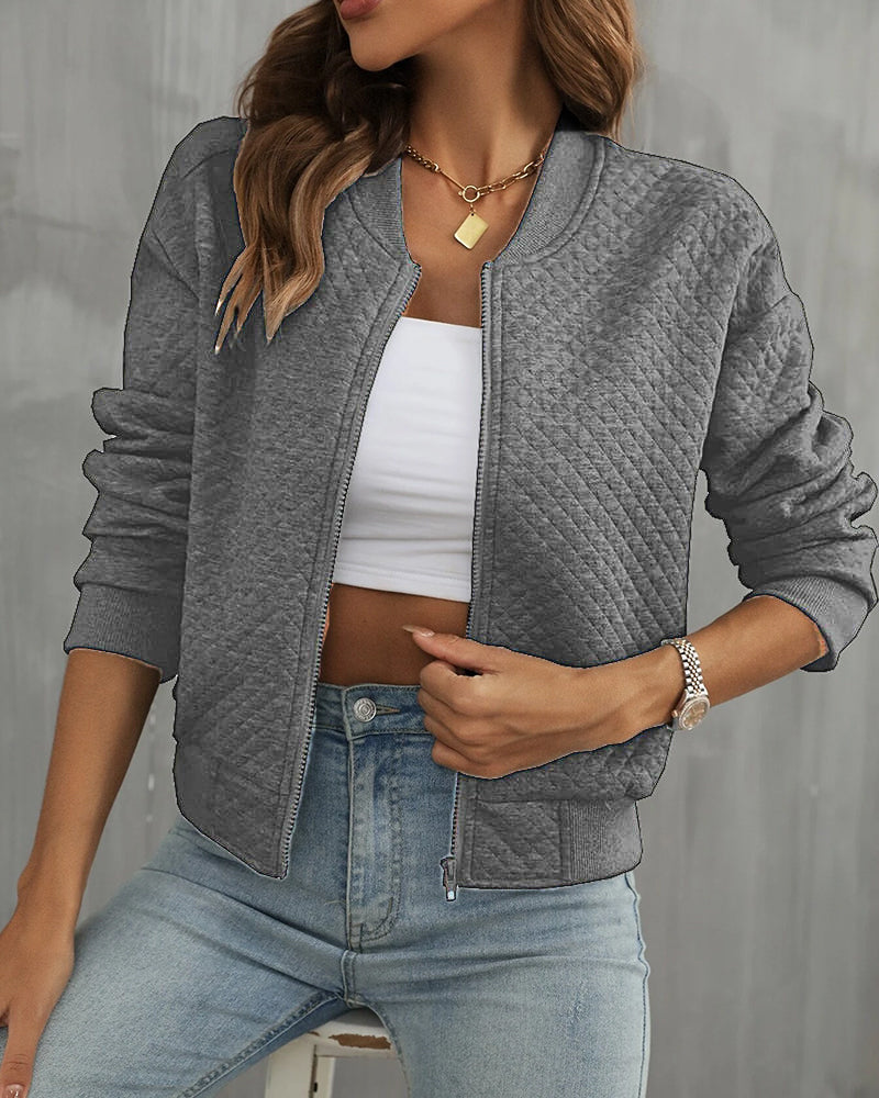 Women's Bomber Jacket – Quilted Texture – Short Fit – Zipper Closure – Ribbed Edges
