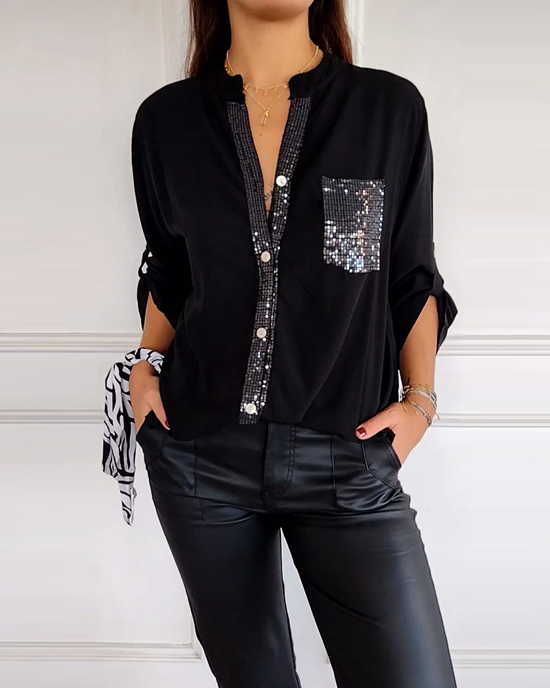 Women's Blouse – Relaxed Fit – Sequin Buttons and Chest Pocket – Breathable Fabric