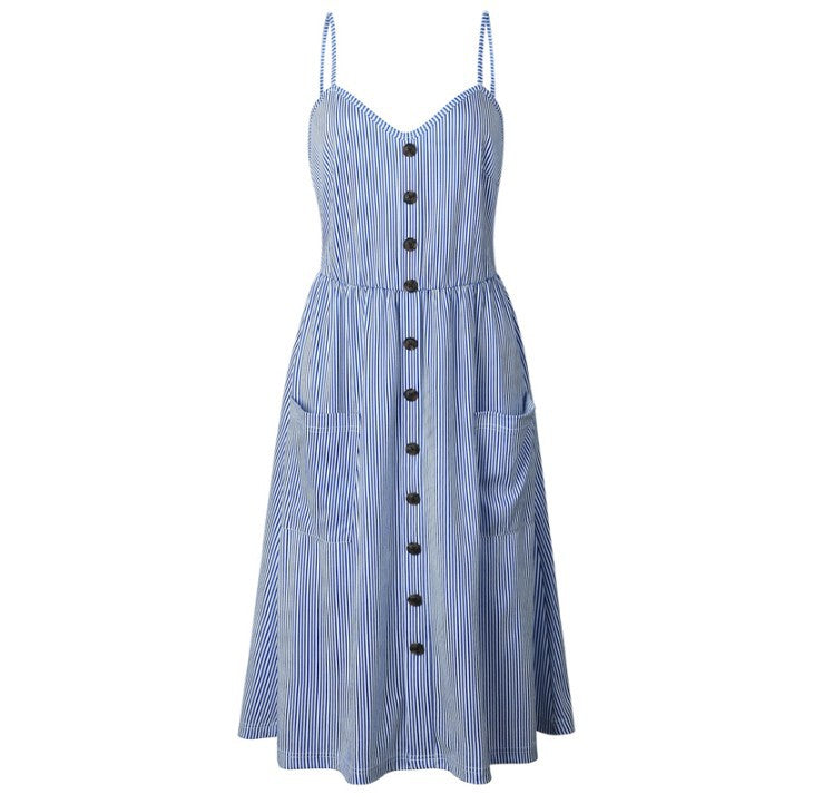 Women's Midi Dress – A-line Fit – Spaghetti Straps – Buttons and Side Pockets