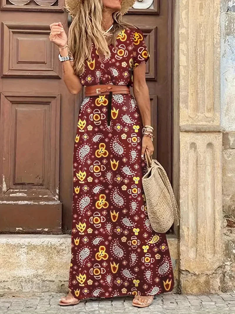 Women's Maxi Dress - Floral Pattern - V-Neck - Short-Sleeved - Belt at Waist