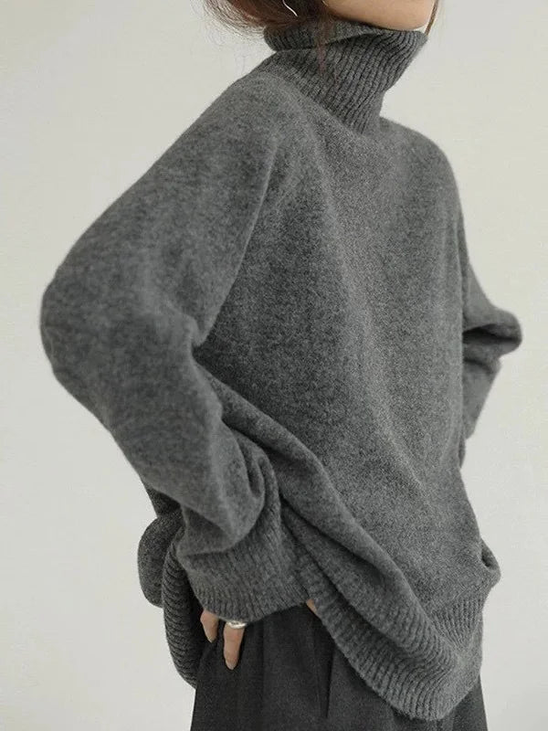 Women's Sweater with High Neck – Wool Blend – Relaxed Fit – Ribbed Knit – Hip Length
