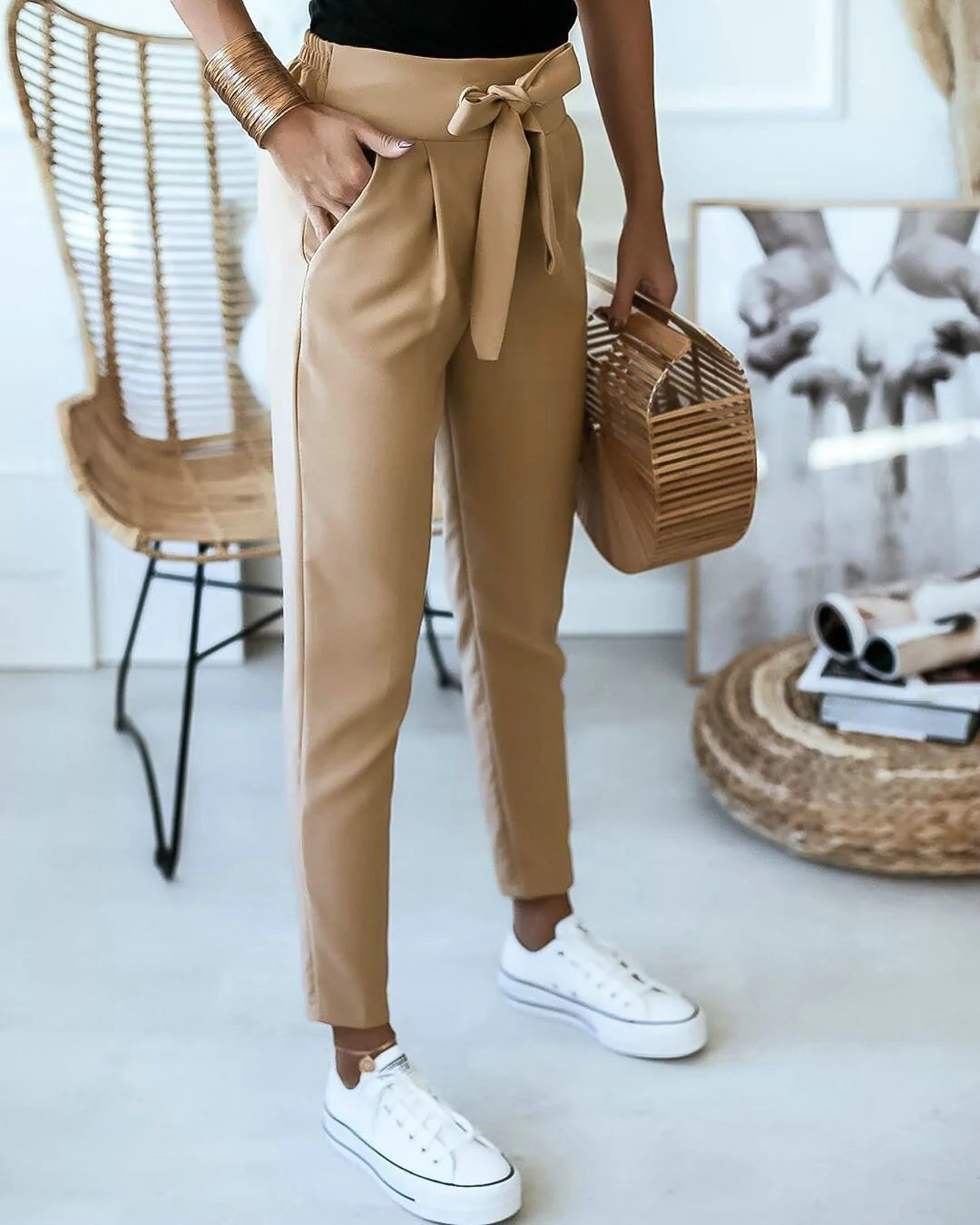 Women's Trousers with High Waist – Tailored Fit – Lightweight Fabric – Ankle Length – Tie Belt