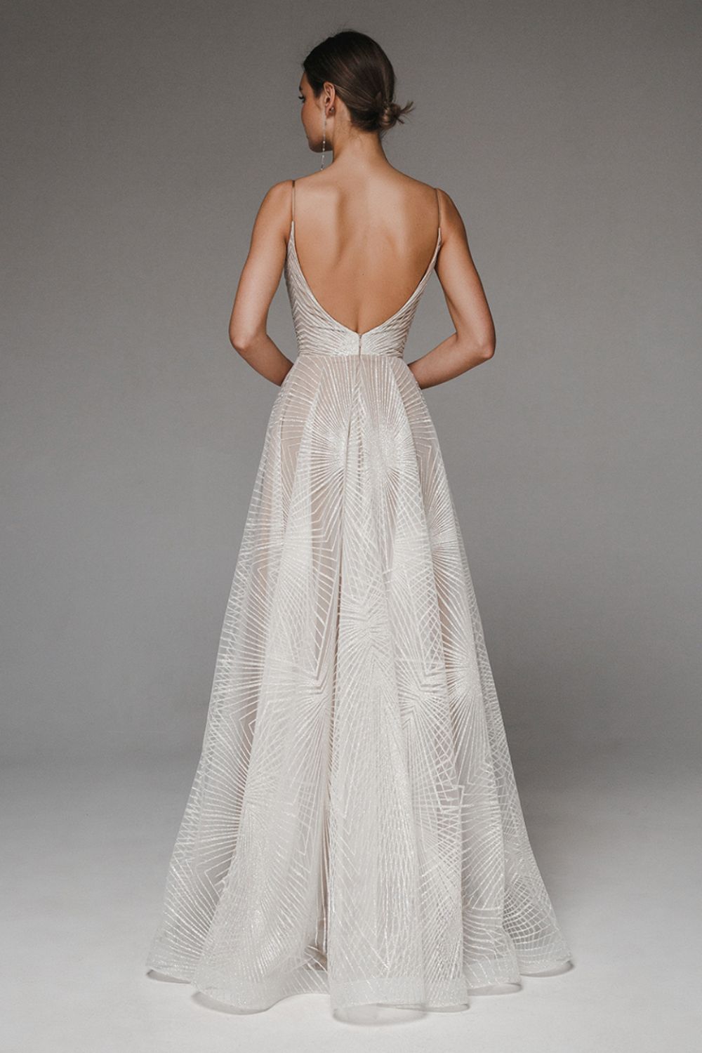 Dress woman – A-line fit – Chiffon with transparent overlay – Geometric pattern – Thin straps