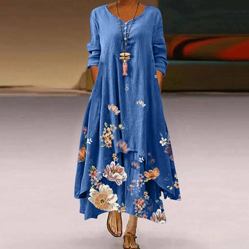 Women's Maxi Dress – Loose Fit – Long Sleeves – Floral Print – Round Neck