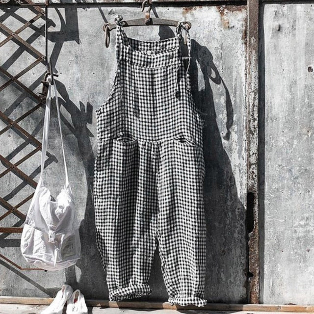Women's Jumpsuit – Relaxed Fit – Wide Legs – Sleeveless – Natural Fibers – Adjustable Straps – Checkered Pattern