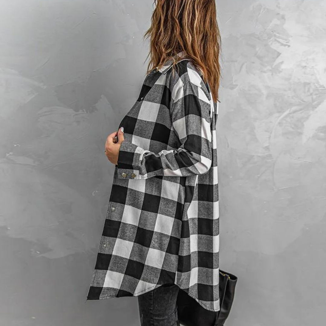 Dame Skjortejakke - Rutete Flanell - Oversized Passform - Lange Ermer - Knappelukking