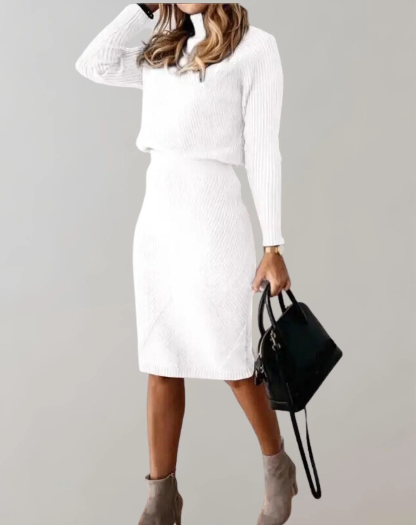 Women's Set – Ribbed Two-piece – Slim Fit – Turtleneck Sweater and Midi Skirt