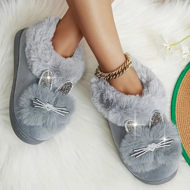 Women's Slippers - Plush Slip-On - Soft and Warm - Bunny Motif with Glittering Details