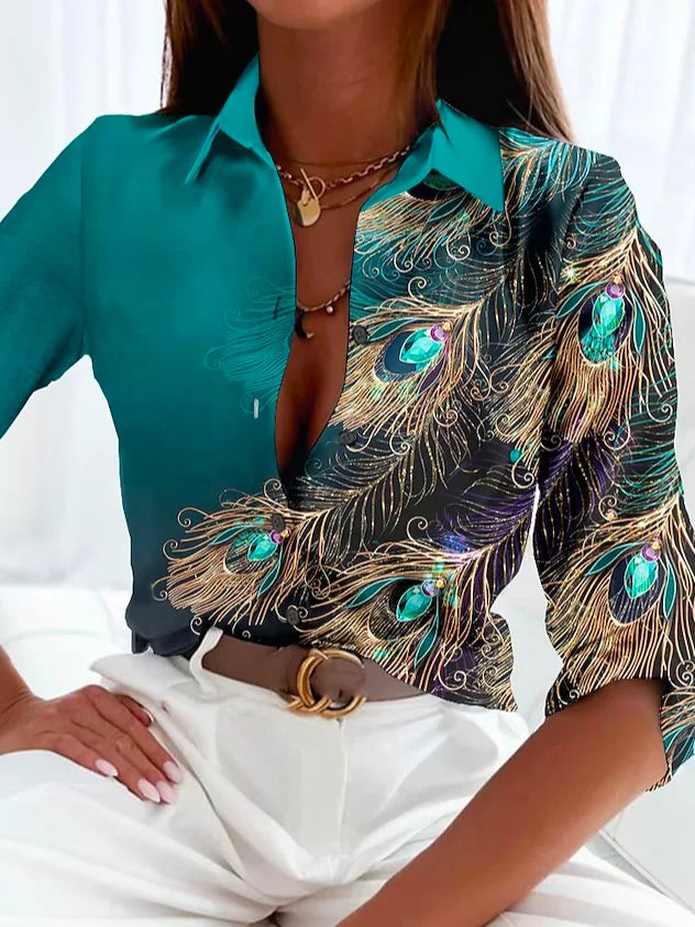 Women's Blouse – Fitted Silhouette – Luxurious Fabric – Feather Pattern – Deep V-Neckline