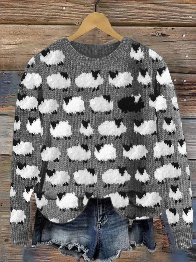 Women's Sweater – Relaxed Fit – Wool Knit – Round Neck – Sheep Pattern