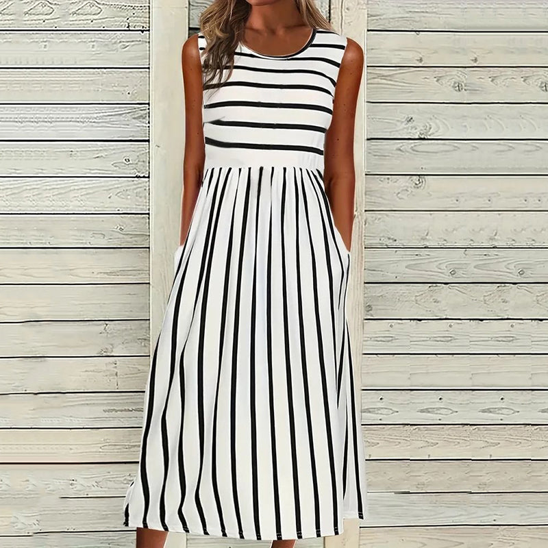 Women's Midi Dress – Relaxed Fit – Striped Pattern – Natural Fibers