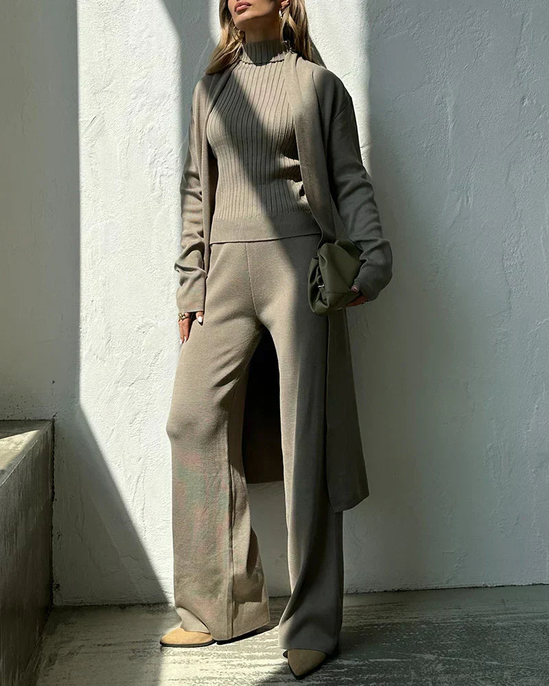 Women 3-Piece Set – Open Long Coat – High Waist Wide Pants – Sleeveless Ribbed Top