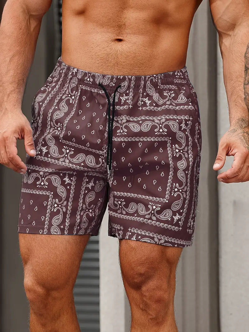 Men's Swim Shorts – Quick-Drying Fabric – Relaxed Fit – Bandana Pattern – Mid-Length